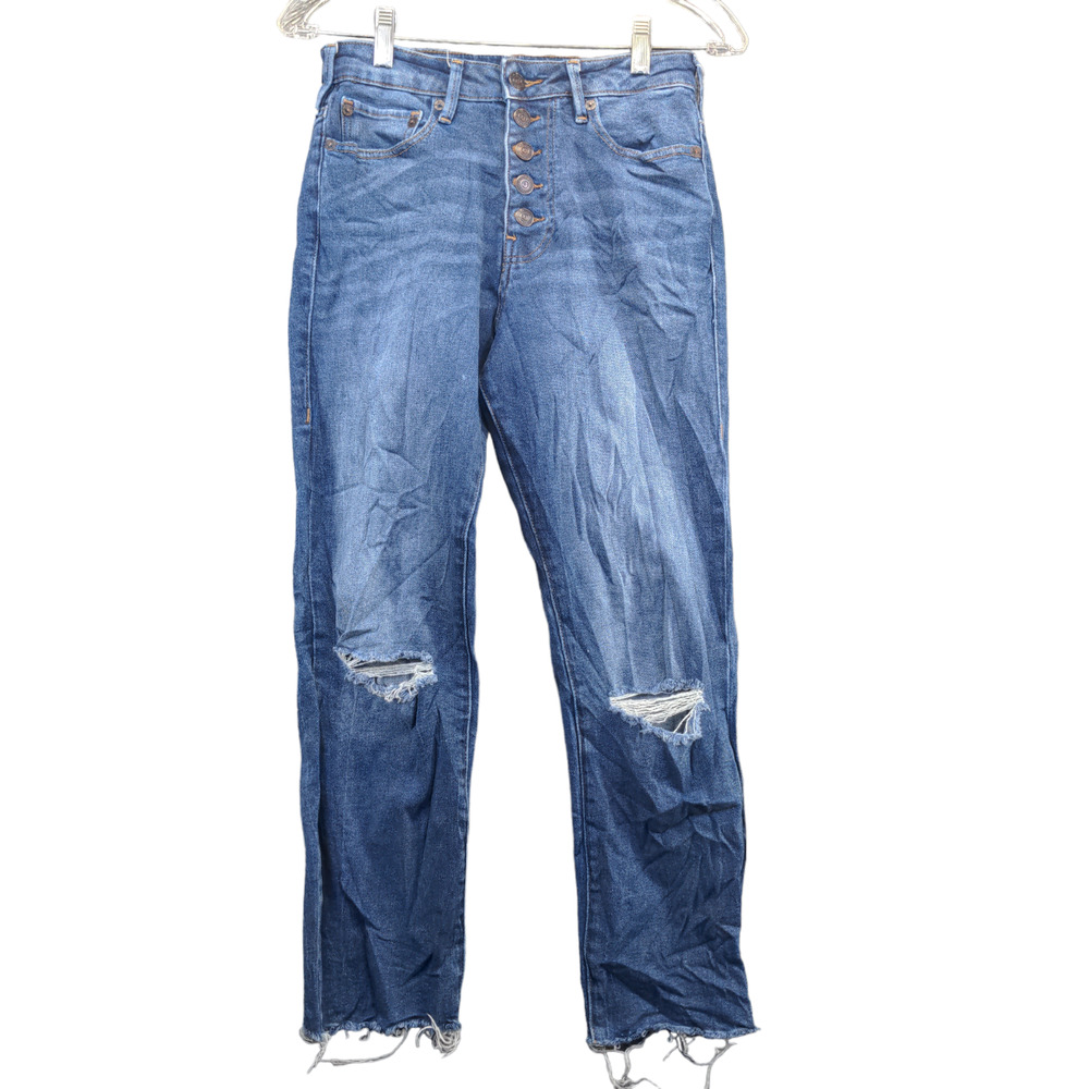 True Religion Women's Starr High Rise Cropped Straight Jeans Blue 27 Distressed